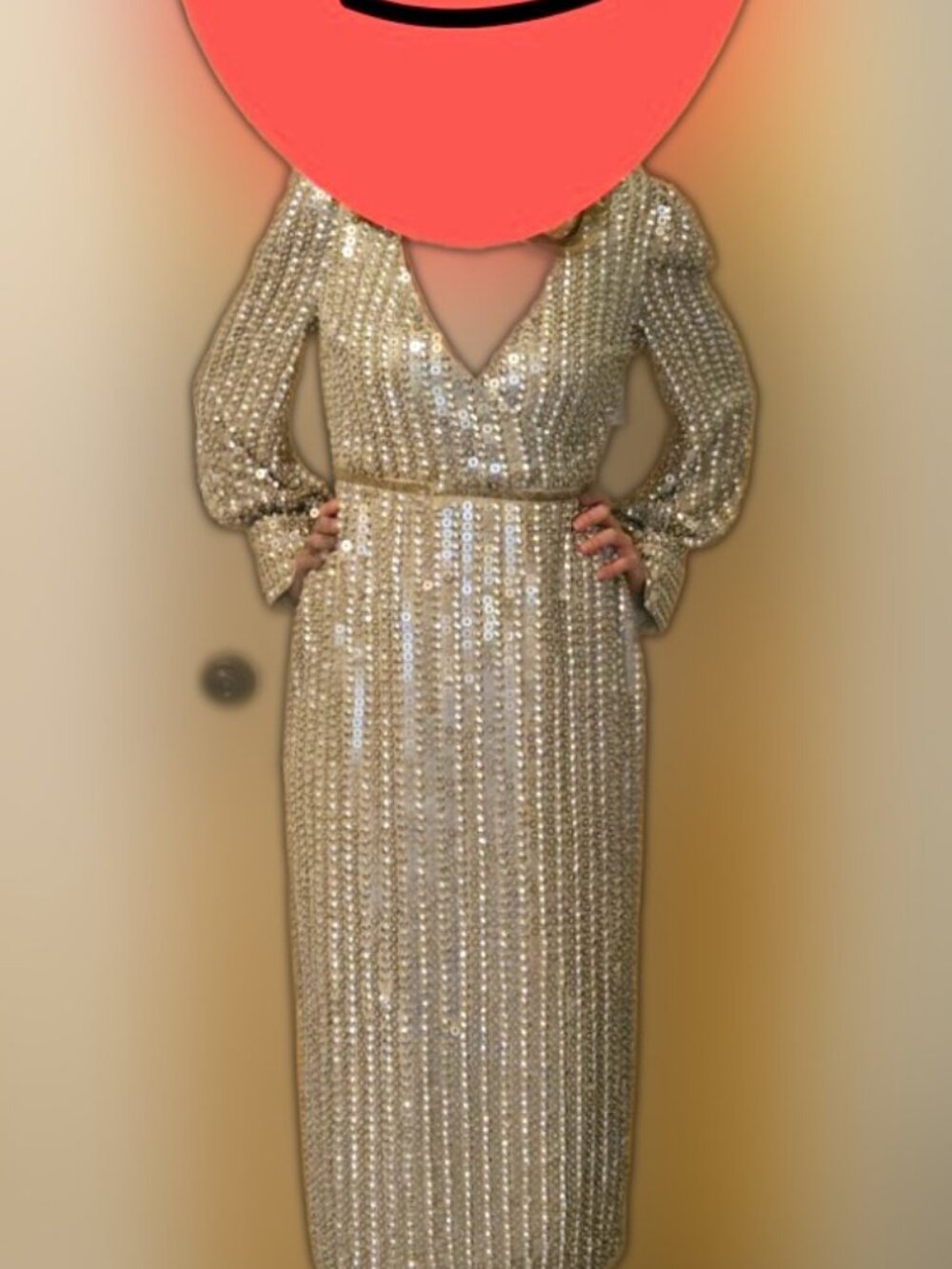 Mac Duggal Silver Sequin Long Sleeve V-Neck Midi Sheath Dress Slit 8 NWT